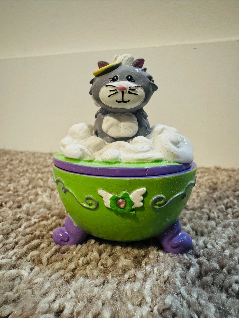 Claire’s Y2K Vintage Angel Kitty Glitter Trinket Box Lucky Clover Green Purple